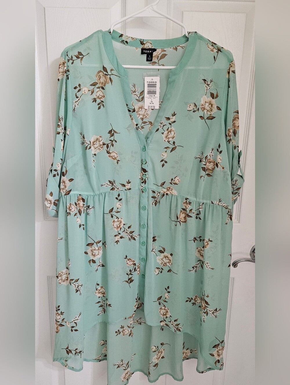 NWT Torrid Size 1 (14-16) Mint Green Floral Lexie Chiffon Babydoll High-Low Top